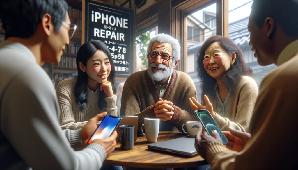 寝屋川市のiPhone修理店について話し合う様々な顧客のグループ。カフェの居心地の良い角で、異なる年齢と民族の顧客がスマートフォンやラップトップを交えて交流しており、修理サービスの評価を活発に共有している様子。